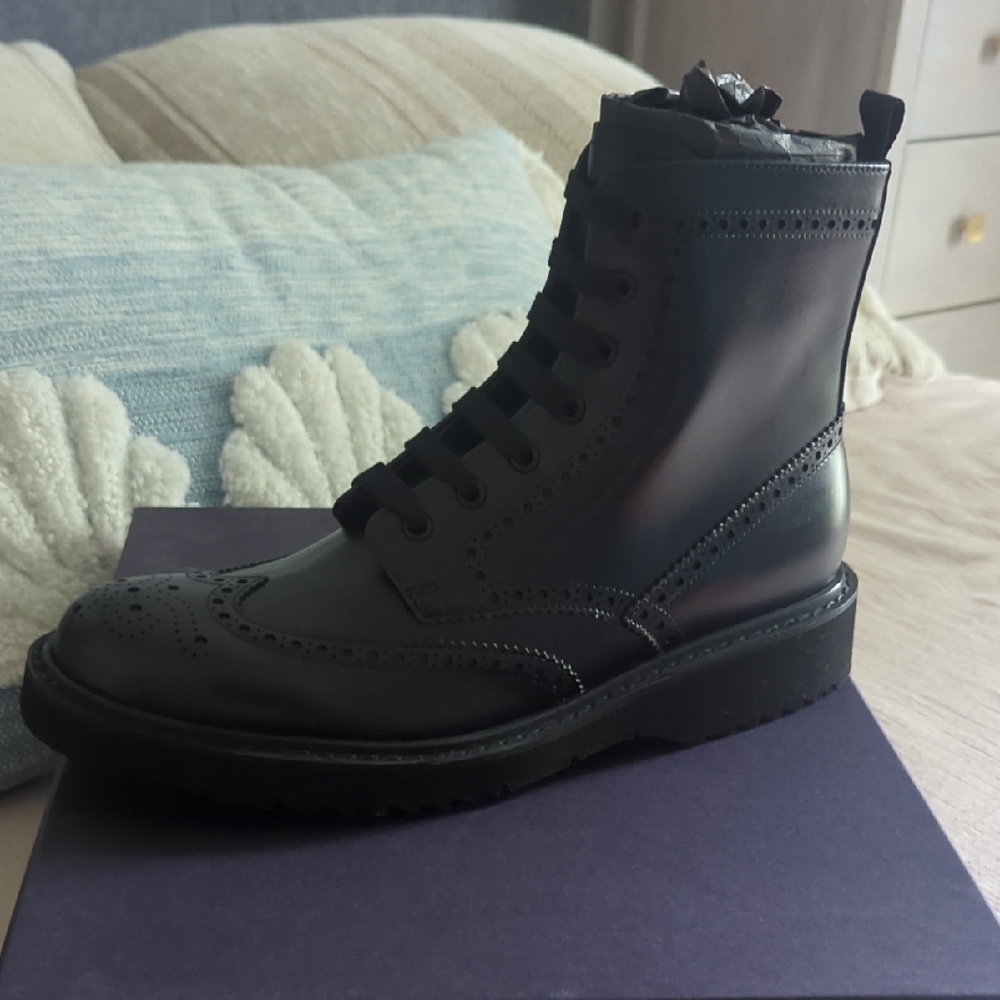 Prada Black Leather Combat Boots with Brogue Detailing